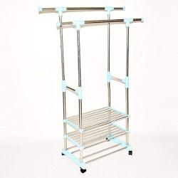 Double Folding Clothes Rail, Rolling Clothes Hanger, Retractable Balcony Storage Shoe Rack, L70-115cm W42 H85-157cm, (stainless Steel)