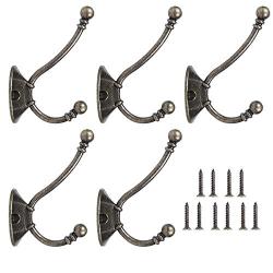 5 Pack Heavy Duty Dual Coat Hooks Wall Mounted with 10 Screws Retro Double Hooks Utility Black Hooks for Coat, Scarf, Bag, Towel, Key, Cap, Cup, Hat …