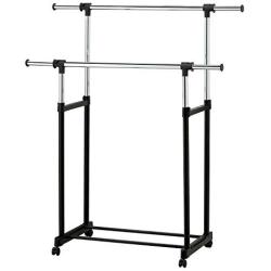 Modern Chrome Plated Garment Rack with Adjustable Telescopic Double Rail/Rolling Clothes Hanger, Black