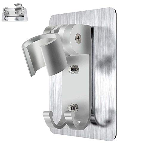 Shower Head Holder Wall Mount Bracket with 2 Hanger Hooks, Adjustable,Super Heavy Duty, Strong Adhesive for Bathroom,No-Damage Hanging Strips,Better Than Suction Cups(Sliver)