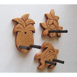 Ukulele Wall Mount Hangers, Hand Carved Pineapple, Plumeria, Honu, 3 Pack