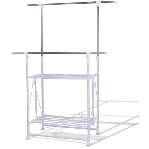 USA_Best_Seller White Folding Portable Adjustable Rolling Clothes Rack Hanger with 2 Shelves Foldable Coat Hat Suit Storage Organizer