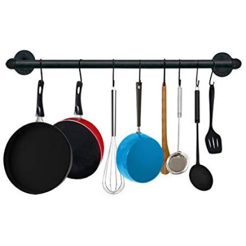 TLBTEK 20 inch Industrial Pipe Clothes Rack,Black Iron Bathroom Kitchen Towel Bar,Vintage Farmhouse DIY Wall Mounted Pot Bar Rack, Detachable Kitchen Utensils Hanger with 8 S Hooks