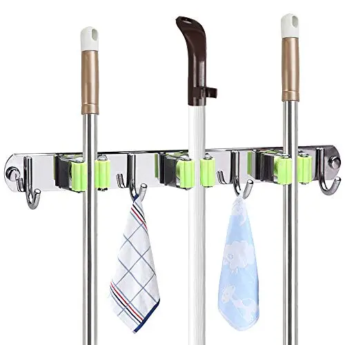 JOYHILL Mop and Broom Holder Wall Mount, Stainless Steel Broom Organizer, Self Adhesive Garden Tool Hangers (3 Position 4 Hooks)