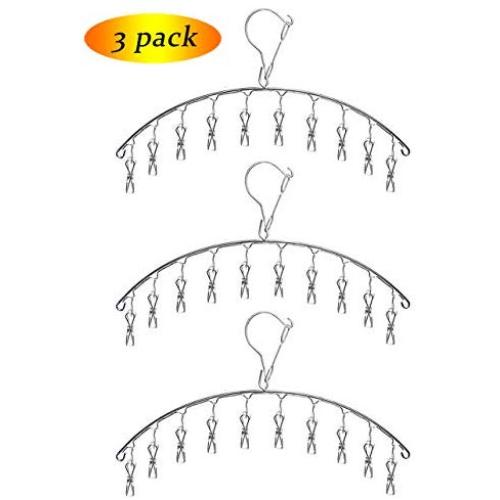 Hamek 3 Pack Stainless Steel Clothes Drying Rack 10 Clips Metal Clothespins, Portable Laundry Drying Rack Clothes Hanger