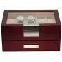 TimelyBuys 20 Cherry Wood Watch Boxes Display Case 2 Level Storage Jewelry Organizer with Glass Top, Stainless Steel Accents, and Drawer