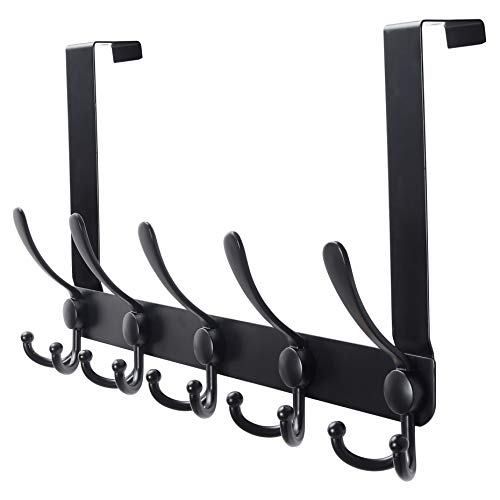 Over the Door Hanger 5 Tri Hooks, Stainless Steel Heavy Duty Over the Door Hook for Clothes, Over the Door Towel Rack for Bathroom, Black