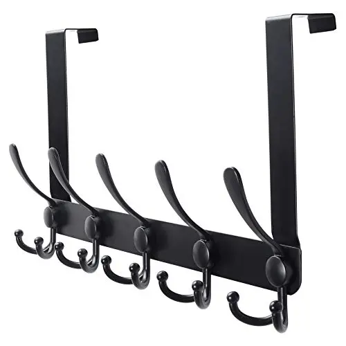 Over the Door Hanger 5 Tri Hooks, Stainless Steel Heavy Duty Over the Door Hook for Clothes, Over the Door Towel Rack for Bathroom, Black