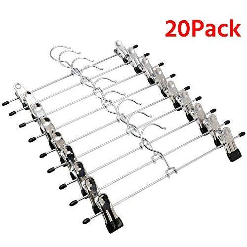 Heavy Duty Stackable Metal Clothes Hangers Chrome with Non-Slip Adjustable Clips for Skirts, Pants and Slacks(20 Pack)