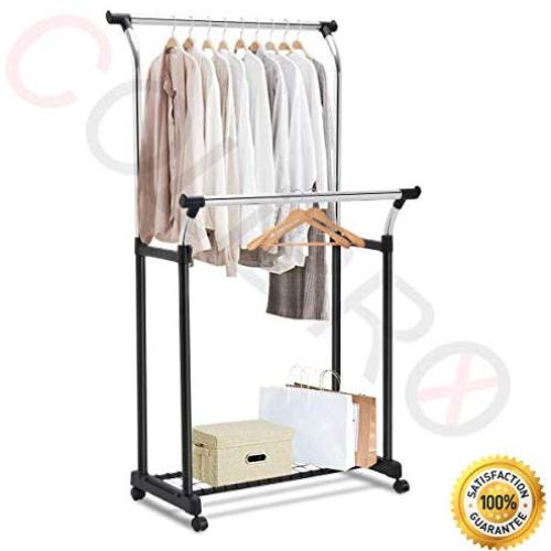 COLIBROX-TM Double Rail Adjustable Garment Rack Rolling Clothes Hanger with Shoe Rack Portable Bedroom Hallway Wardrobe Cloakroom Furniture Checkroom Organizer Shoes Rack Useful Decor