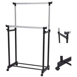 Portable Double Rail Adjustable Garment Rack Rolling Clothes Hanger Heavy Duty New #560