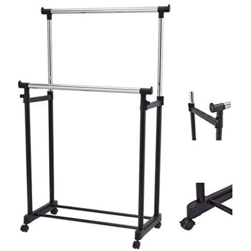 Portable Double Rail Adjustable Garment Rack Rolling Clothes Hanger Heavy Duty New #560