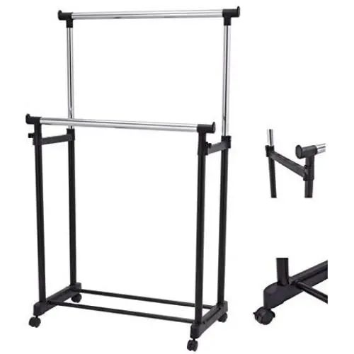 Portable Double Rail Adjustable Garment Rack Rolling Clothes Hanger Heavy Duty New #560