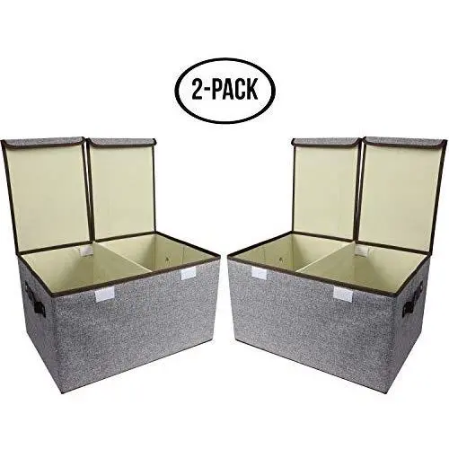 Simple Haus Designs Large Storage Cubes Gray [2-Pack] Linen Fabric Decorative Storage Boxes Organizer Containers with Handles Lid Divider for Home, Bedroom, Closet Office, Living Room, Nursery