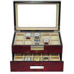 TimelyBuys 20 Cherry Wood Watch Boxes Display Case 2 Level Storage Jewelry Organizer with Glass Top, Stainless Steel Accents, and Drawer