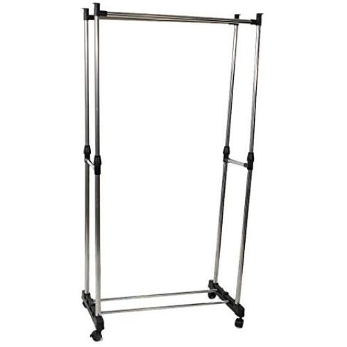 Cypress Shop Double Rail Bar Rack Garment Shelf Clothing Shelf Hanging Cloth Hanger Adjustable Heavy Duty Rolling Cart Room Saving Space Household Home Furniture