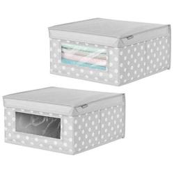 mDesign Soft Stackable Fabric Closet Storage Organizer Holder Boxes - Clear Window and Lid, for Child/Kids Room, Nursery, Playroom - Polka Dot Print - Medium, 2 Pack - Light Gray with White Dots