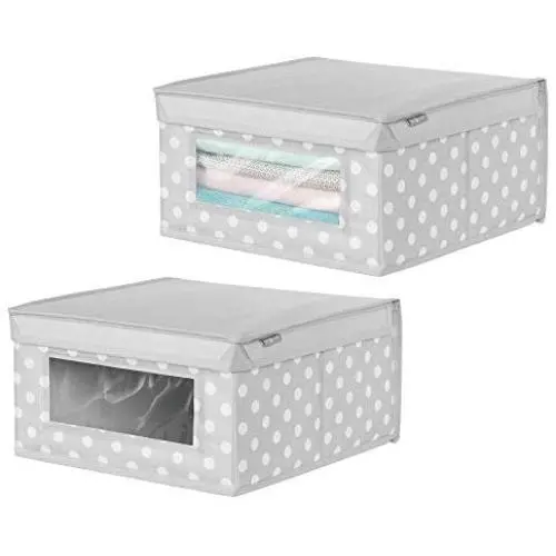 mDesign Soft Stackable Fabric Closet Storage Organizer Holder Boxes - Clear Window and Lid, for Child/Kids Room, Nursery, Playroom - Polka Dot Print - Medium, 2 Pack - Light Gray with White Dots