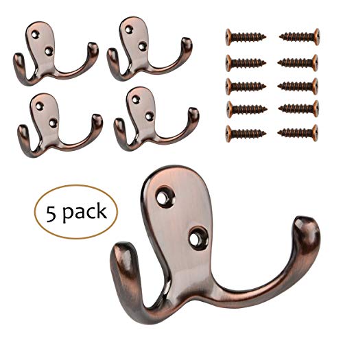 HoveBeaty Wall Hooks Double Prong Robe Hook Rustic Hooks Retro Clothes Hanger Coat Hanger Wall Mounted Hook with Screws 5 Pack (Bronze)