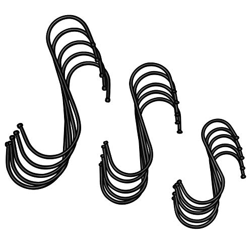 S Hooks 2.83'' /3.82'' /4.75'' inch Utility Multipurpose Heavy Duty S Hooks Hanging Simple & DURABL for Kitchen, Bathroom, Bedroom, and Office.(Pack of 15，3 Sizes) (Black)