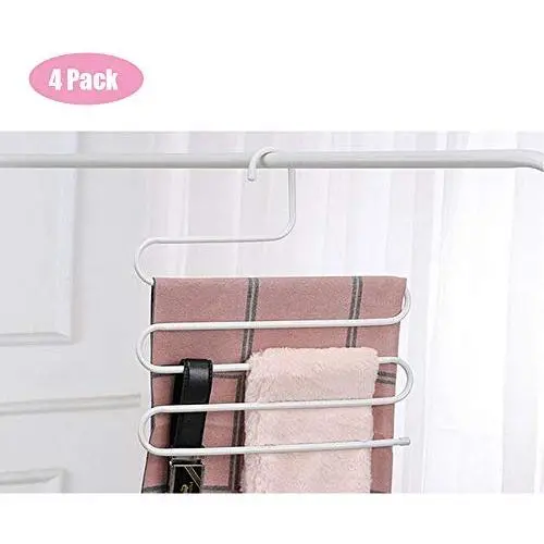 TINYOUTH 4 Pack 5 Layers S-Shape Hanger, Stainless Steel Jeans Trousers Pants Hangers S-Type, Scarf & Tie Hanger, Multi-Functional Trouser Rack Space Saving, Non-Slip Clothes Hangers, White