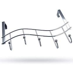 Over the Door Rack with Hooks | 5 Hangers for Towels Coats Clothes Robes Ties Hats | Bathroom Closet Extra Long Heavy Duty Chrome Space Saver Mudroom Organizer by Kyle Matthews Designs