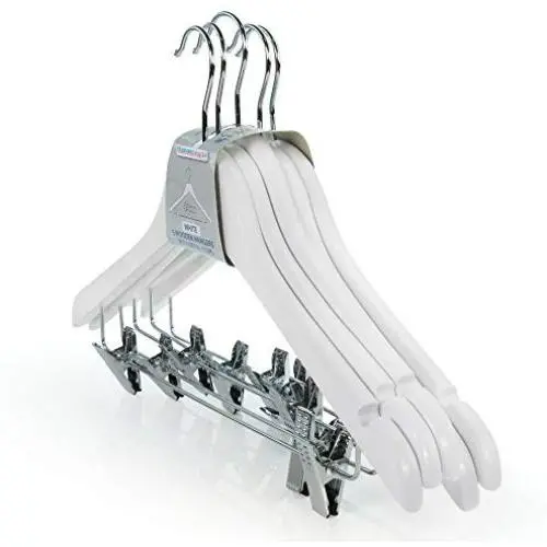 HANGERWORLD 5 White 17.7inch Wooden Notched Coat Clothes Garment Hangers Non Slip Adjustable Clips HANGERWORLD 5 White 17.7inch Wooden Notched Coat Clothes Garment Hangers Non Slip Adjustable Clips