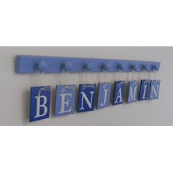 Nursery Wall Letters for Kids Room Sign Set Includes Wooden Hangers Pegs Painted Light Blue and Hanging Ribbon Letter Block Plaques in Blue and Light Blue