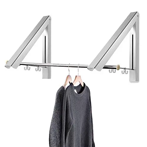 Curious Fish Retractable Hidden Aluminum Folding Wall Mounted Clothes Hanger Drying Rack Hanging Coat Shirt Pants Space Saving Storage Dryer Organiser Laundry Bathroom Utility Bedroom Wardrobe Balcony