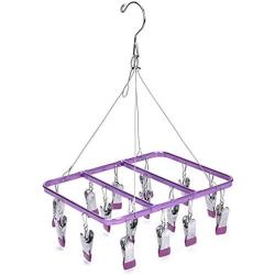 MGMDIAN 16 Clip Baby Multi-Function Stainless Steel Laundry Clothesline Hanger, Windproof Hook/Socks/Underwear/Clothes/Towel Household Standard Hanger (Color : Purple)