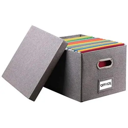 InStorages Collapsible File Boxes Storage Organizer with Lid，Decorative Linen Filing and Letter/Legal Storage Bins Grey(1 Pack)