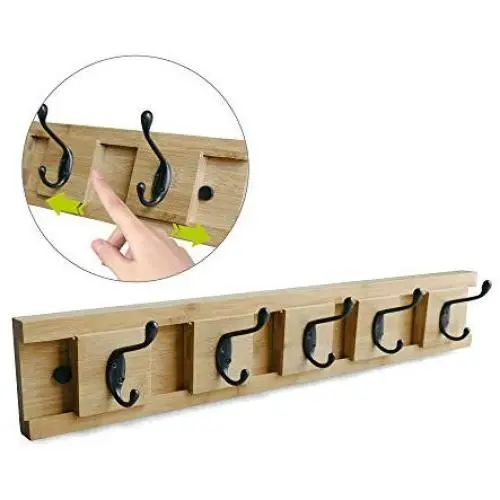 NIKKY HOME Coat Rack Hanger Wall Mounted Movable Dual Hooks 5 Hooks, Natural Color
