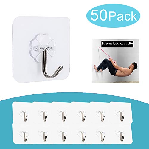 50 Packs Adhesive Wall Hooks 15lb(Max) Transparent Sticky Hooks Sticky Hangers,Waterproof and Oilproof for Bathroom Kitchen Heavy Duty Self Adhesive Hooks- Hushtong