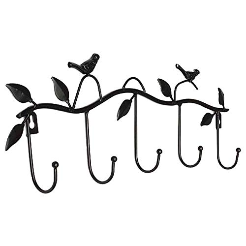 Iron Birds Leaves Hat/Towel/Coat Wall Decor Clothes Hangers Racks with 5 Hooks Black