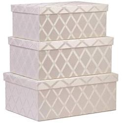 Toys Storage Bins 3-pcs Set - Fabric Decorative Storage Boxes with Lids - Shelf Closet Organizer Basket - Decor Nesting Boxes - Stylish Gift Boxes with Lids, Large/Medium/Small Sizes (Off White)