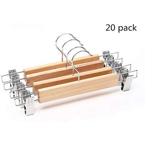 Iddefee Clothes Hanger 20 Pieces Wooden Pants Hangers with Clips Clothing Skirt Hangers Suit Clothes Hangers Everyday Standard Use Clothing Hangers for Home Pants Hangers