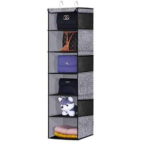 Onlyeasy 6-Shelf Hanging Closet Organizer - Fabric Collapsible Wardrobe Closet Hanging Shelves for Clothes Accessory Shoes with 6 Side Pockets, Breathable, Heavy Duty Black, 7MXAX6CP