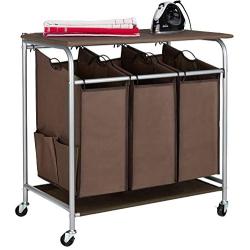 JINAMART Heavy Duty Rolling Laundry Hamper cart with Ironing board top & Wheels, 3 Section Removable Bag Sorter Basket with 4 side pockets, Laundry Organization Bins for Bedroom & Bathroom, Brown