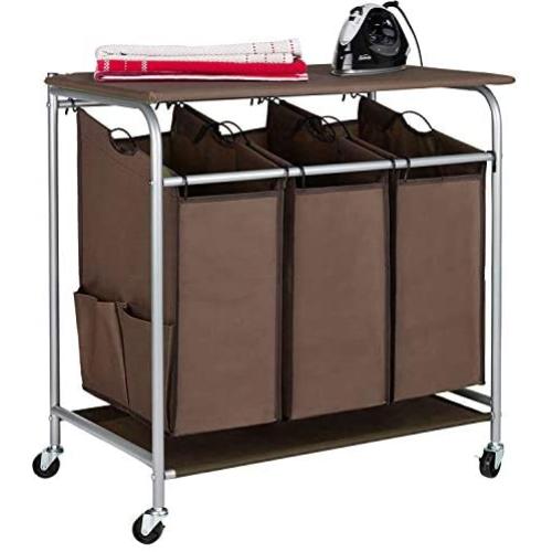 JINAMART Heavy Duty Rolling Laundry Hamper cart with Ironing board top & Wheels, 3 Section Removable Bag Sorter Basket with 4 side pockets, Laundry Organization Bins for Bedroom & Bathroom, Brown