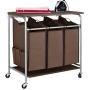 JINAMART Heavy Duty Rolling Laundry Hamper cart with Ironing board top & Wheels, 3 Section Removable Bag Sorter Basket with 4 side pockets, Laundry Organization Bins for Bedroom & Bathroom, Brown