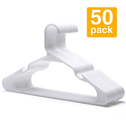 HOUSE DAY Plastic Hangers-50 Pack-Plastic Clothes Hangers for Skirt Suit Coat, Standard Tubular Plastic Hangers for Clothes,White