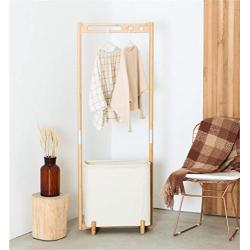 JFGUOYA Bamboo Coat Rack with Storage Basket, Bedroom Clothes Hanger Free Standing Hanging Rail - Laundry Hamper Garment Rack, Bamboo Coat Organizer with Clothes Hanger and Storage Shelves