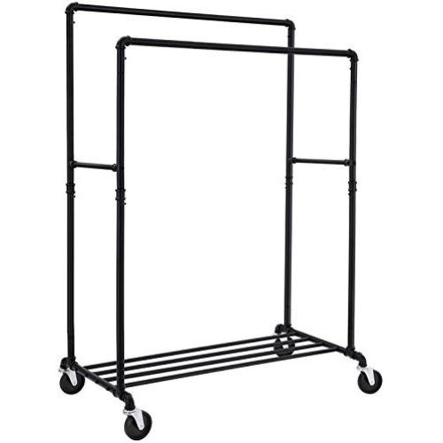 SONGMICS Industrial Pipe Clothes Rack Double Rail on Wheels with Commercial Grade Clothing Hanging Rack Organizer for Garment Storage Display, Black UHSR60B