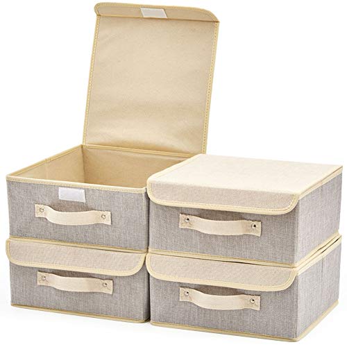 EZOWare 4-Pack Small Fabric Storage Basket Bin with Lid, Collapsible Storage Boxes Cube Organizer Container for Nursery, Closet, Bedroom - 10.5 x 10.5 x 5 inches, (Gray & Beige)