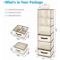 Magicfly 6-Shelf Hanging Closet Organizer with Drawers(1 Drawer with Divider & 1 Underwear Drawer), Foldable Clothes Hanging Shelf for Sweater, Bra, Socks, 44.9 X 13 X11.4 Inch, Beige