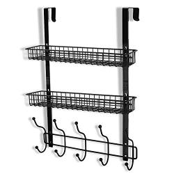 Coat Rack, MILIJIA Over The Door Hanger with Mesh Basket, Detachable Storage Shelf for Towels, Hats, Handbags, Coats (Black-2 Layer)