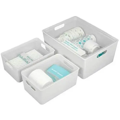 mDesign Plastic Stackable Home Storage Organizer Boxes with Lid Cover for Kitchen, Closet, Pantry, Bedroom, Bathroom, Hallway, Entryway to Hold Household Accessories, Set of 3 - Light Gray/Clear mDesign Plastic Stackable Home Storage Organizer Boxes with Lid Cover for Kitchen, Closet, Pantry, Bedroom, Bathroom, Hallway, Entryway to Hold Household Accessories, Set of 3 - Light Gray/Clear