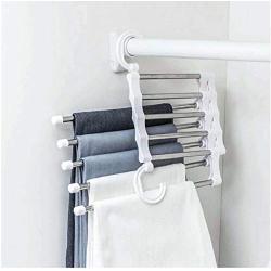 5PC Random Color 5 Tier Multi-Function Portable Clothes Hanger Pants Racks Trousers Hanger Clothes Storage Drying Hanger Stainless Steel Decoration