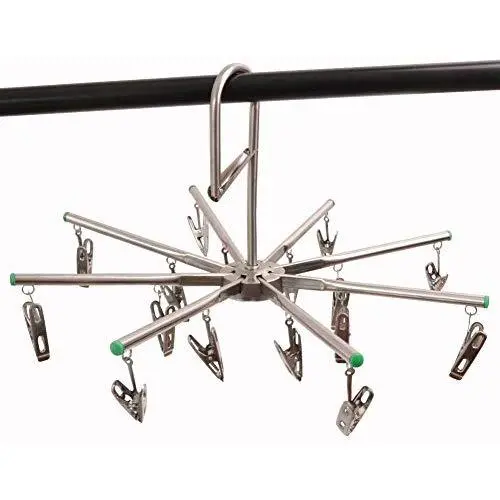 Aligle Stainless Steel Foldable Portable 16 Clip Drying Hanger Travel Clothes Hanger Drying Rack Hook multi-function Drip Hanger for Sock Towel Bra Hat Rack Scarf