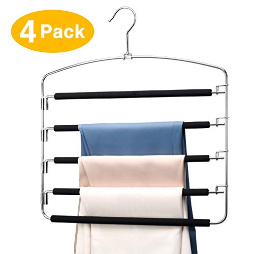 HOUSE DAY Pants Hangers 5 Layers Hangers for Pants Space Saving Pants Hanger Multi Trouser Hanger -4 Pack - Multiple Clothes Hangers for Pants Pants Hangers Space Saving